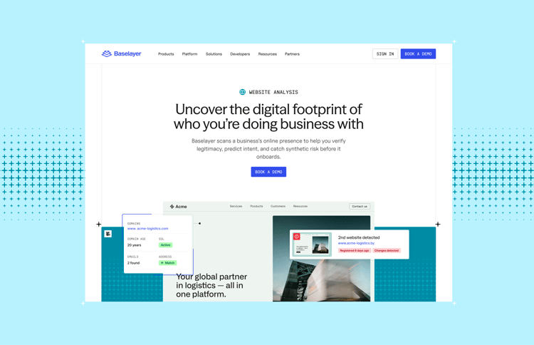 A webpage section titled “Uncover the digital footprint of who you’re doing business with,” showing website analysis features and UI panels highlighting domain details and a detected secondary website.