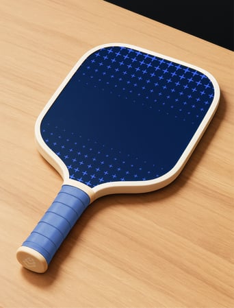 A pickleball paddle on a wooden surface featuring a blue patterned face and a matching blue grip.